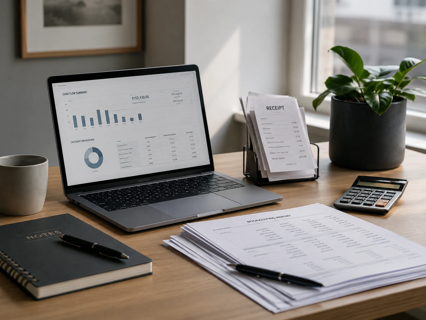 Organized bookkeeping workspace with financial documents