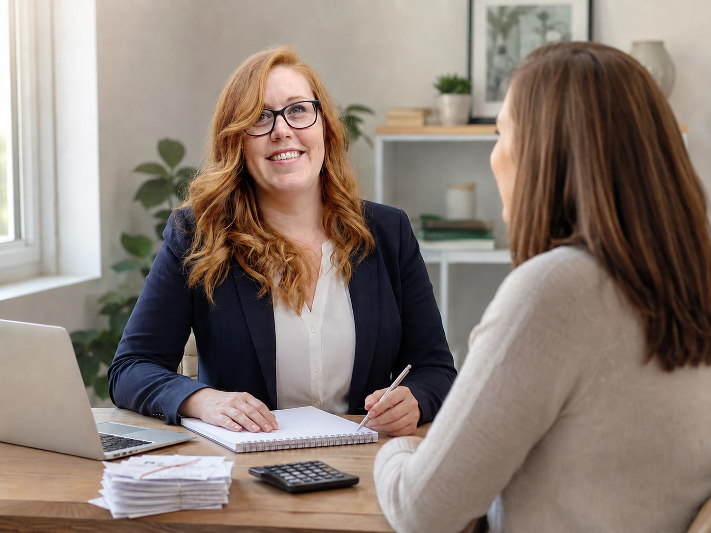 Dori meeting with a bookkeeping client at an organized desk